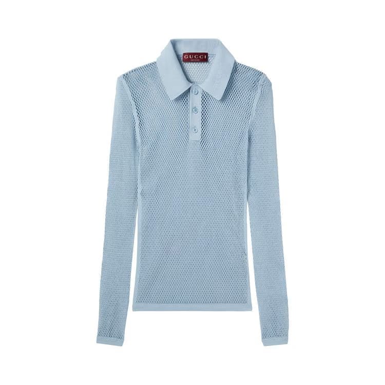 Gucci Embossed Technical Mesh Polo Top Petroleum Blue