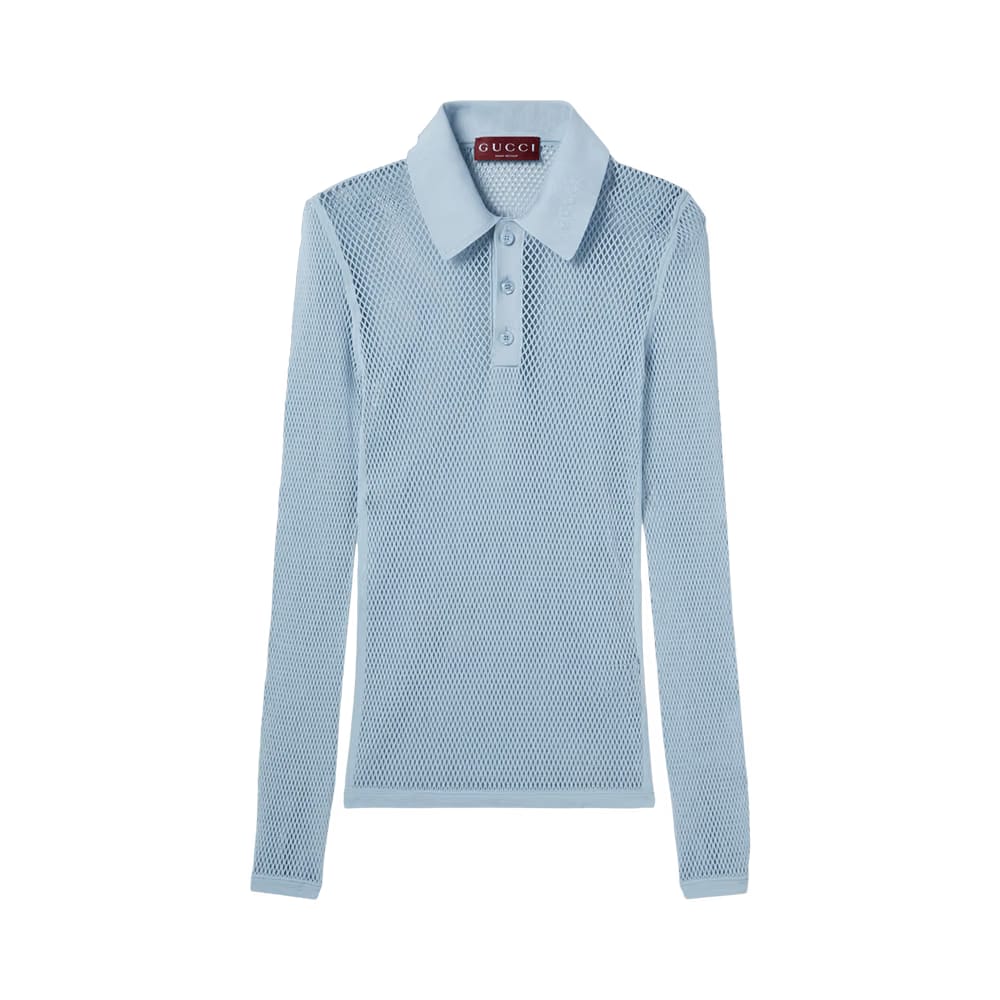 Gucci Embossed Technical Mesh Polo Top Petroleum Blue