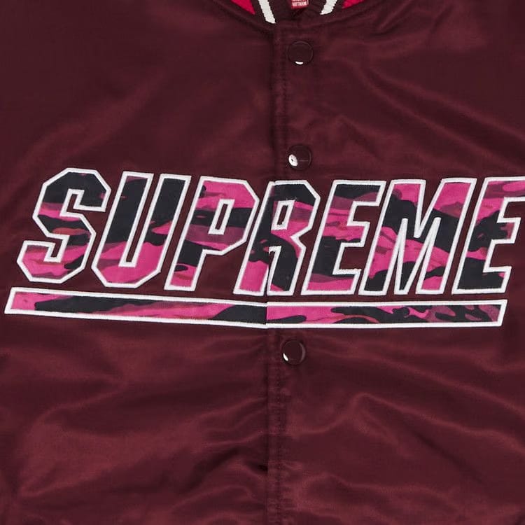 Supreme x Mitchell & Ness Camo Logo Varsity Jacket Burgundy