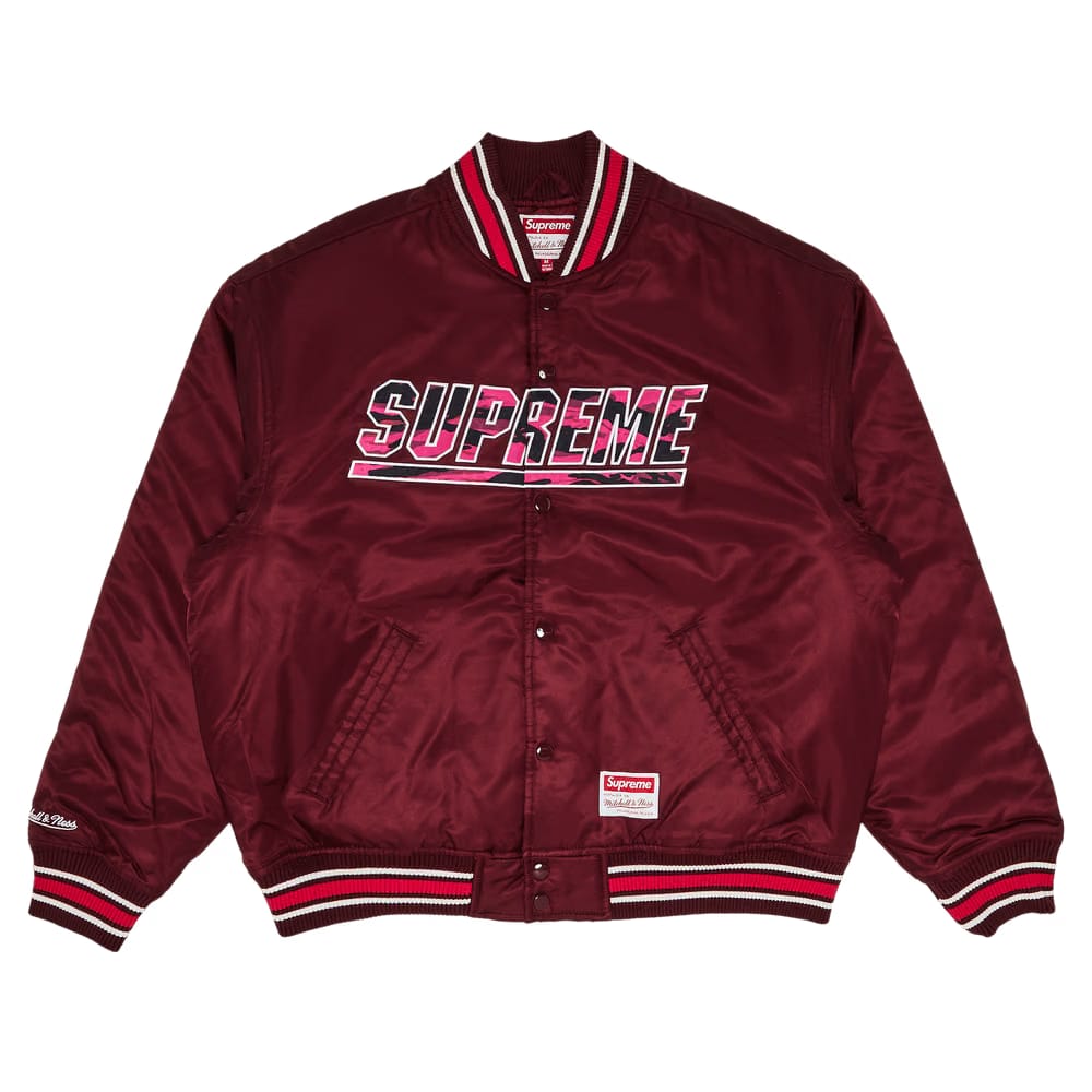 Supreme x Mitchell & Ness Camo Logo Varsity Jacket Burgundy