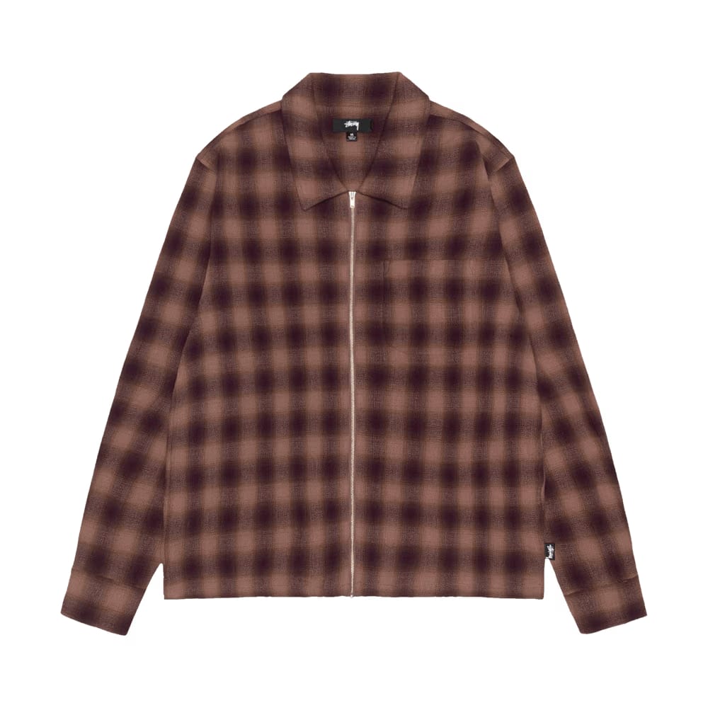 Stussy Zip Twisted Yarn Plaid Shirt Brown