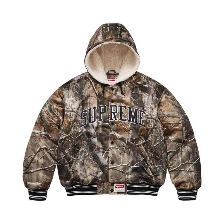 Supreme x Mitchell & Ness Lined Hooded Satin Varsity Jacket Realtree AP Camo