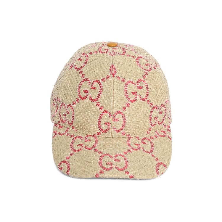 Gucci GG Raffia Effect Baseball Hat Beige/Red