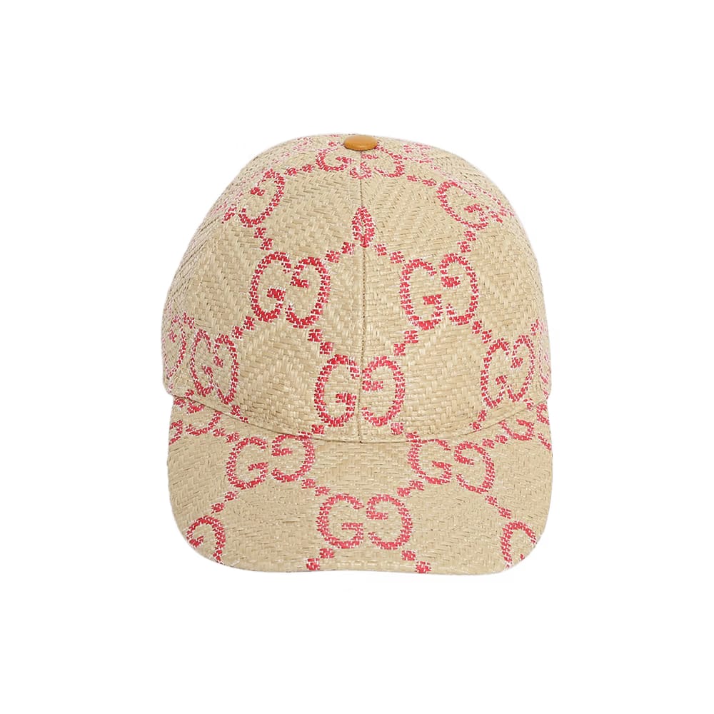 Gucci GG Raffia Effect Baseball Hat Beige/Red