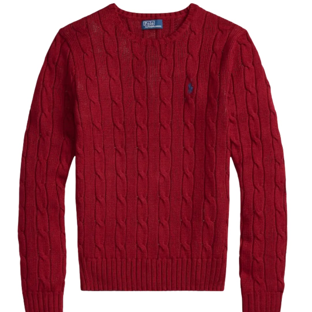 Women Red Cable-Knit Cotton Crewneck Sweater