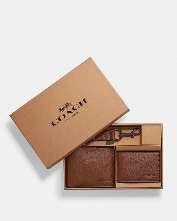 Coach Boxed 3 In 1 Wallet Gift Set Pebbled Leather-Dark Saddle