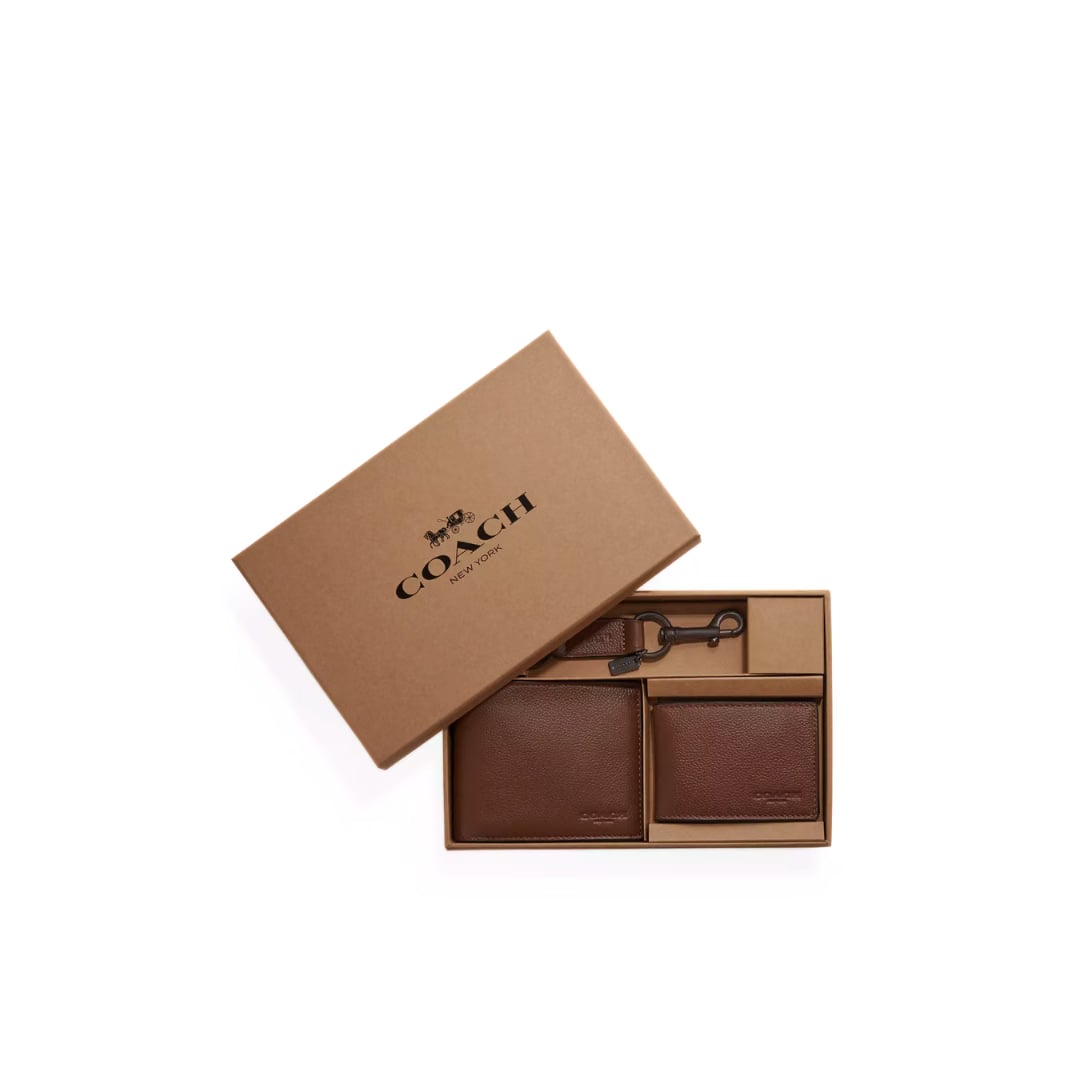 Coach Boxed 3 In 1 Wallet Gift Set Pebbled Leather-Dark Saddle