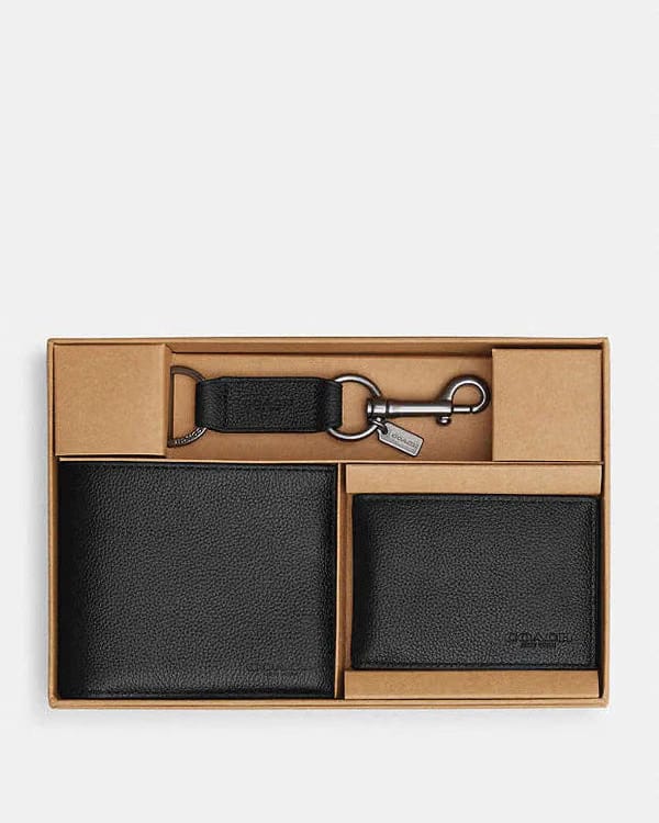 Coach Boxed 3 In 1 Wallet Gift Set Pebbled Leather-Black