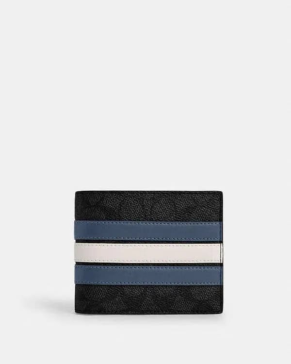 Coach 3 In 1 Wallet In Signature Canvas With Varsity Stripe Signature Canvas-Charcoal-Denim-Chalk