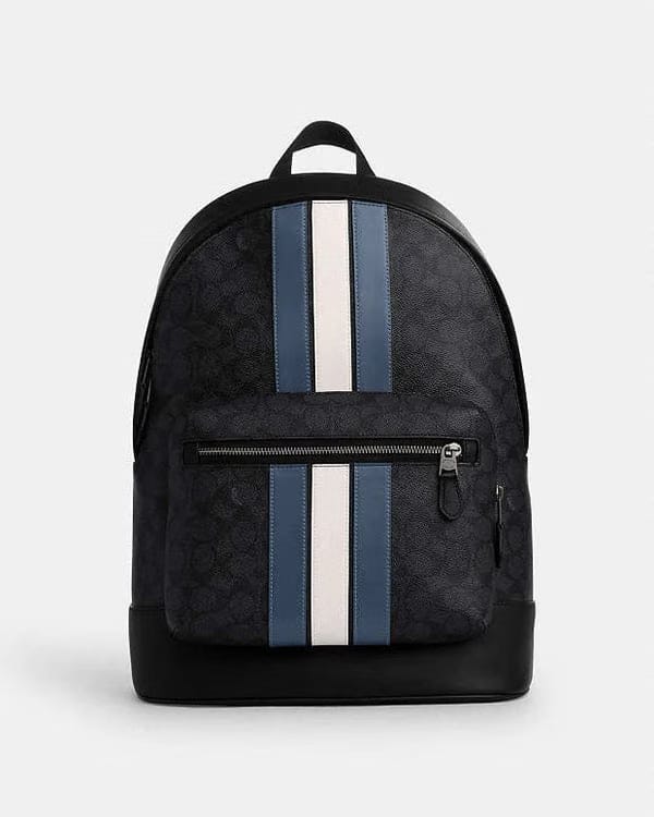 Coach West Backpack In Signature Canvas With Varsity Stripe Signature Canvas-Gunmetal-Charcoal-Denim-Chalk