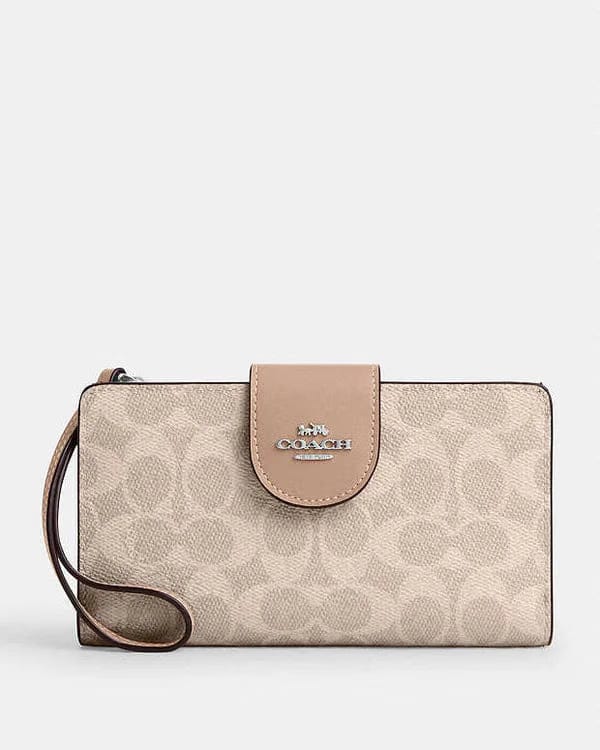 Coach Phone Wallet In Signature Canvas Signature Canvas-Silver-Sand-Taupe