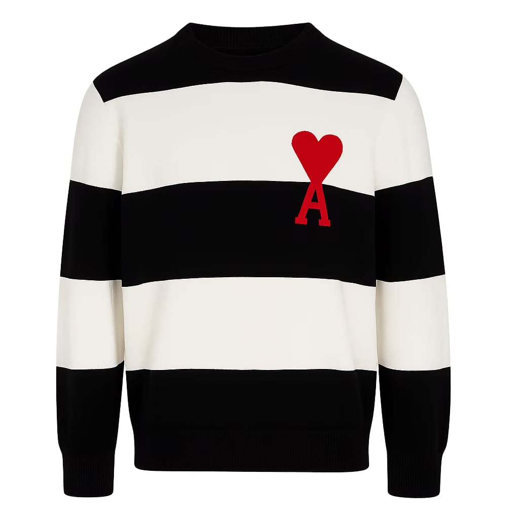 Ami Paris Ami De Coeur Sweater with Rugby Stripes Naut BLACK/Nat White