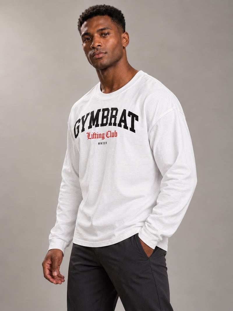 Gymbrat Athleisure Lifting Club White Oversized Long Sleeve T-Shirt