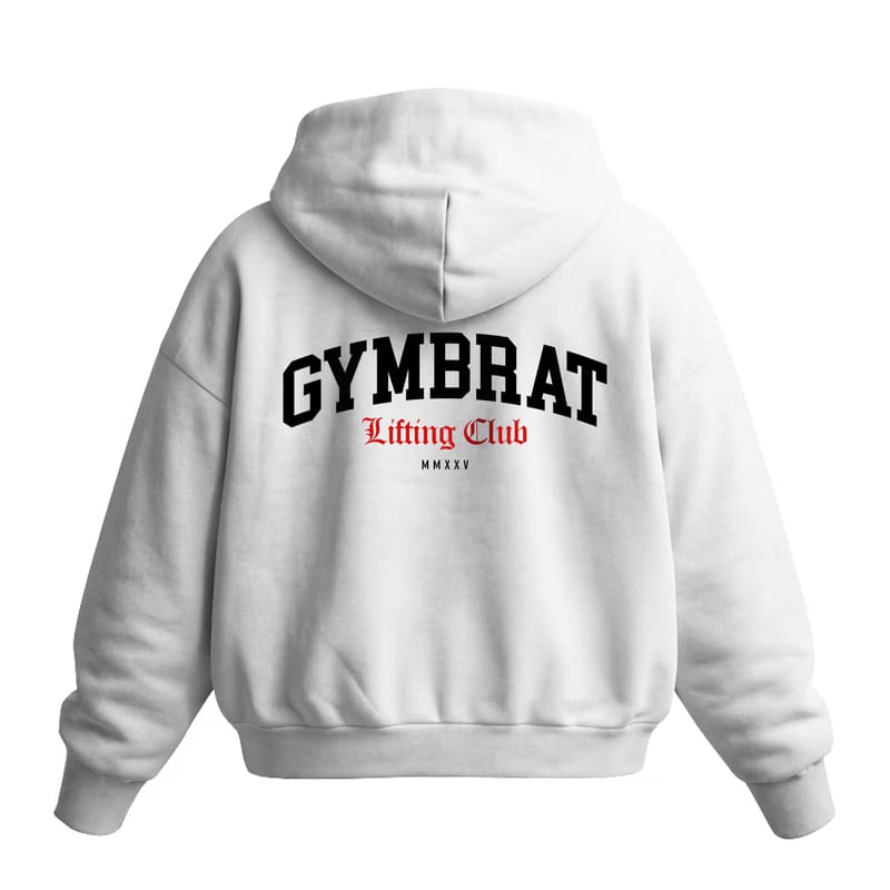Gymbrat Athleisure Lifting Club Back White Oversized Zipper Hoodie