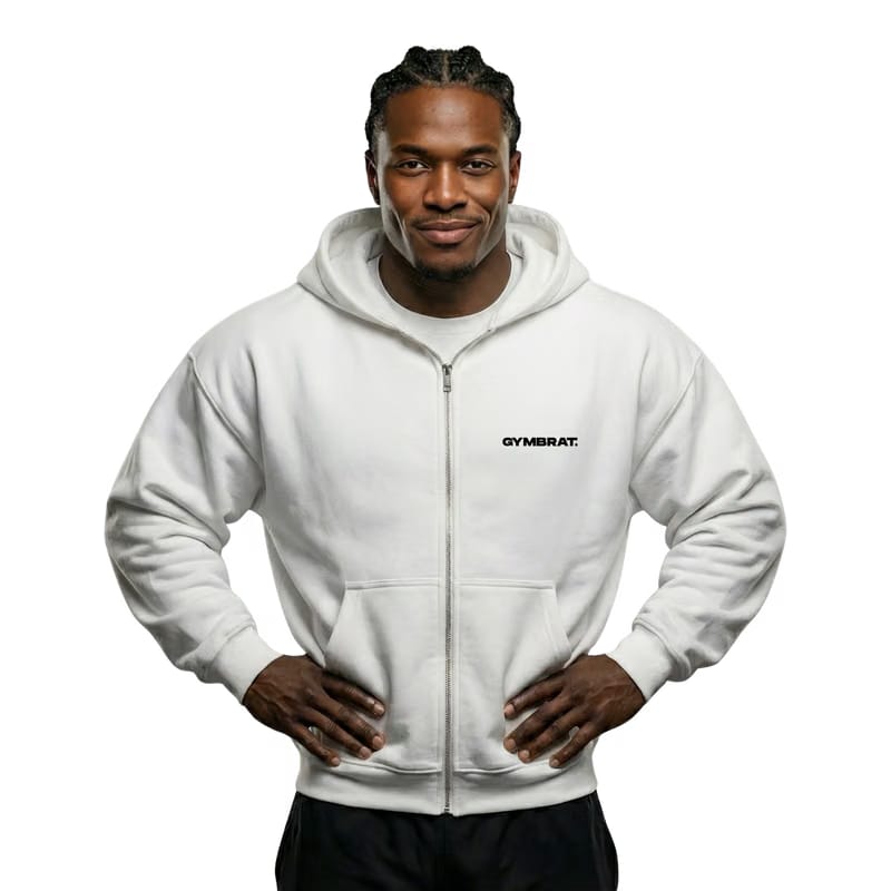 Gymbrat Athleisure Lifting Club Back White Oversized Zipper Hoodie