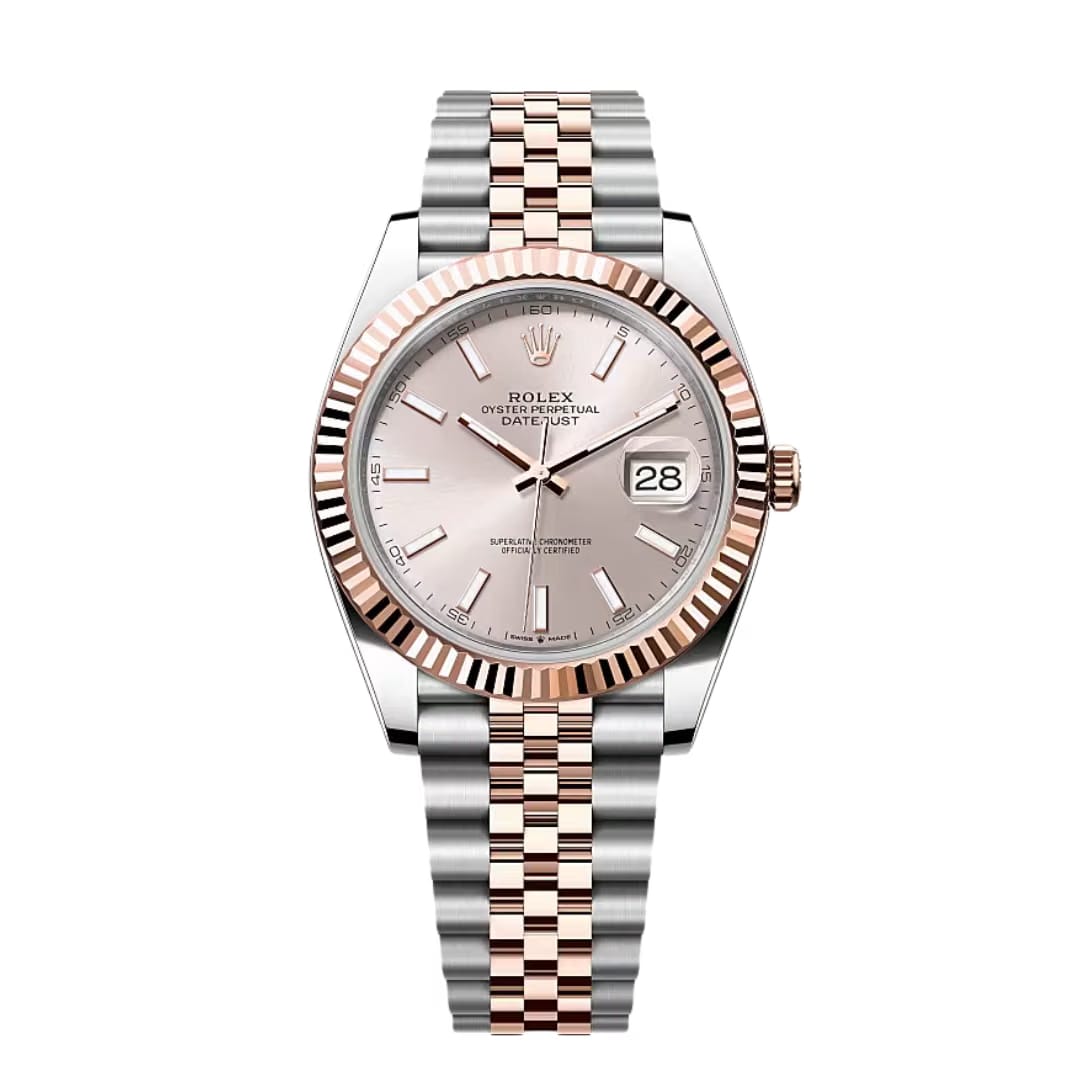 Rolex Datejust 41 Sundust Pink Index Dial Two Tone Rose Gold Fluted Bezel Jubilee Bracelet