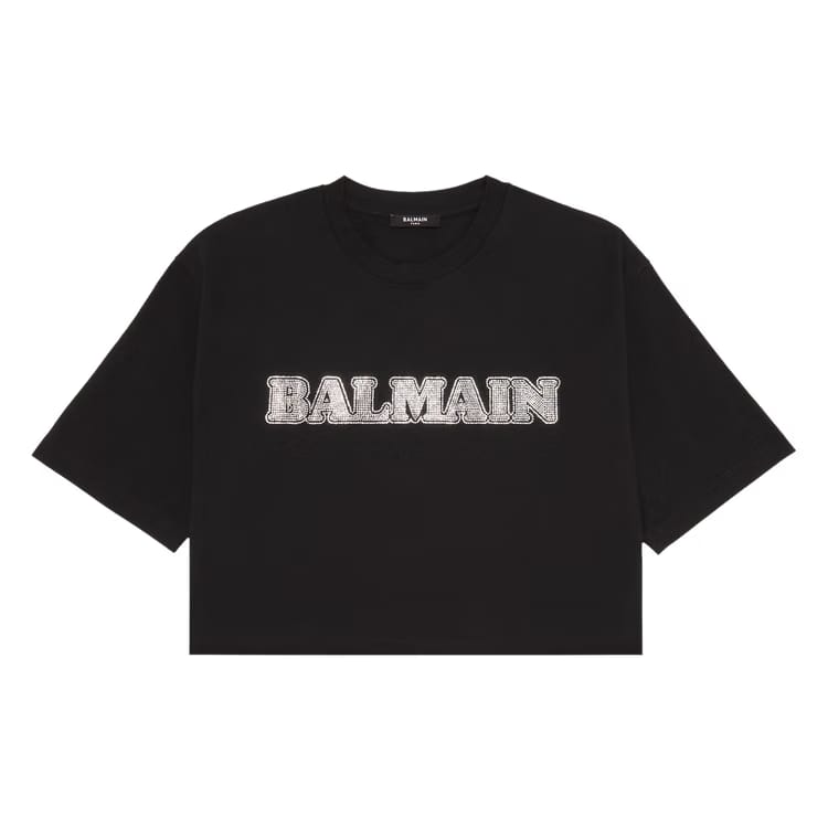 Balmain Cropped Rhinestone T-Shirt Black/Crystal