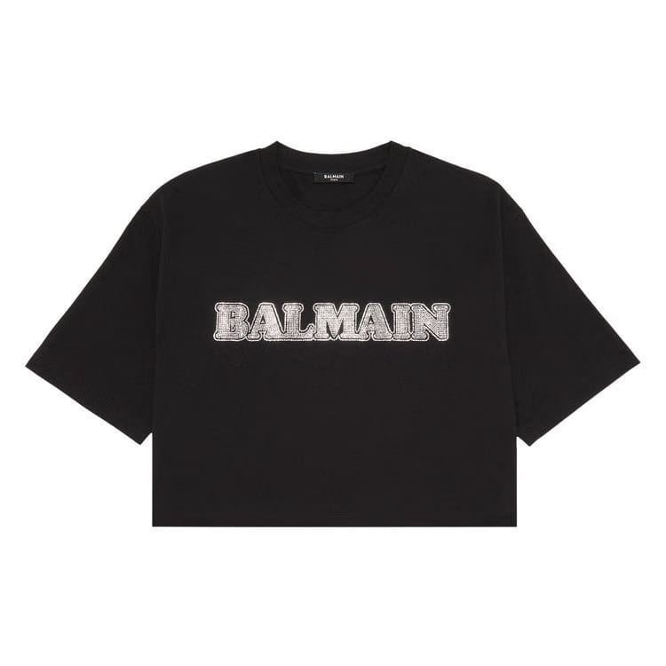 Balmain Cropped Rhinestone T-Shirt Black/Crystal