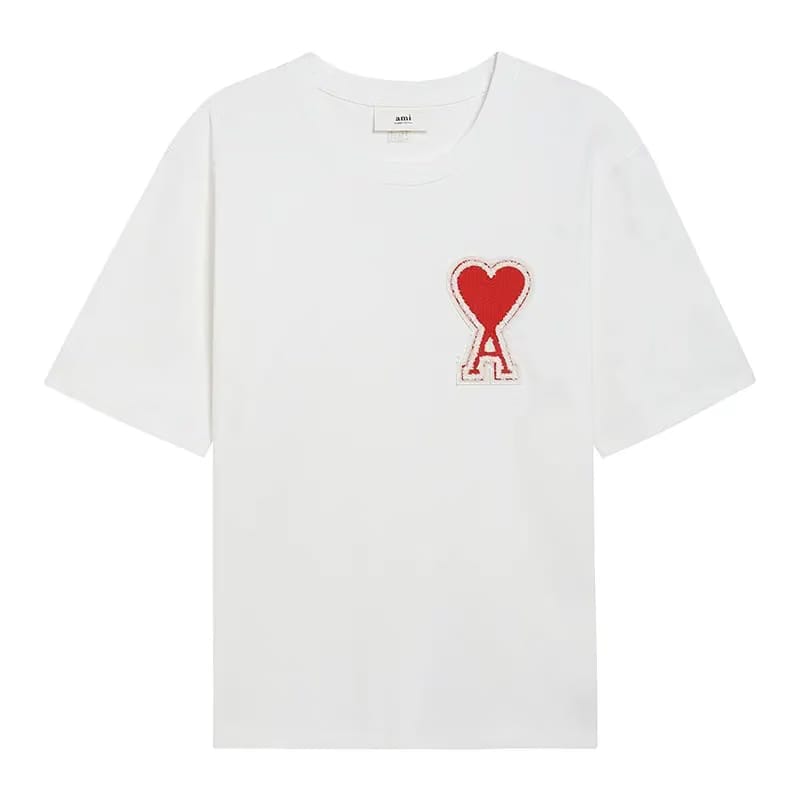 Ami Paris Pure Cotton RED Heart Embroidered Couple Unisex White T-Shirt