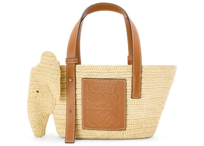 Loewe Elephant Basket Bag In Raffia And Calfskin Small Natural/Tan