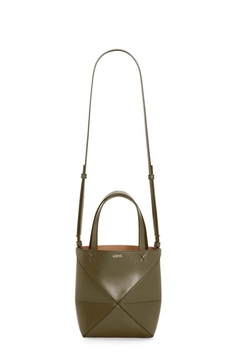 Loewe Mini Puzzle Fold Tote In Shiny Calfskin Dark Khaki Green