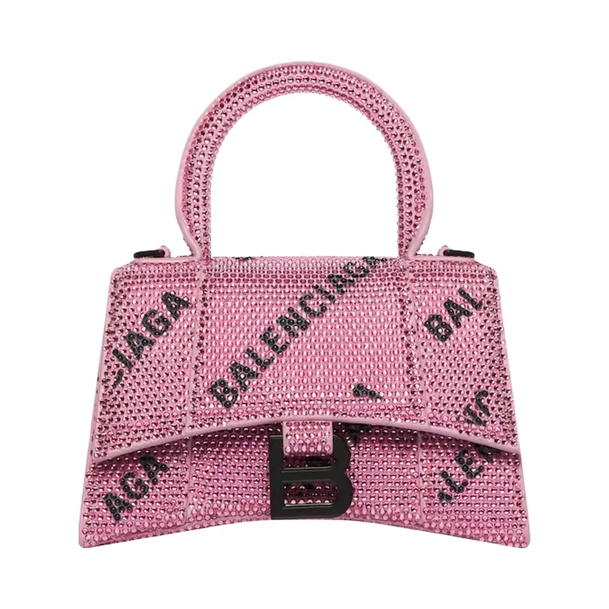 Balenciaga Hourglass Xs Handbag With Chain And Allover Logo Rhinestones Pink/Black