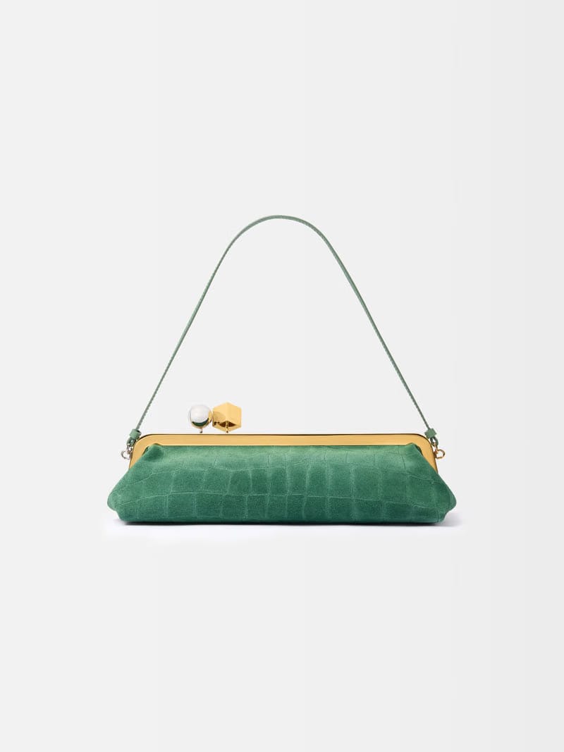 Jacquemus The Salon Clutch Long Clutch Bag In Crocodile-Embossed Suede Dark Mint