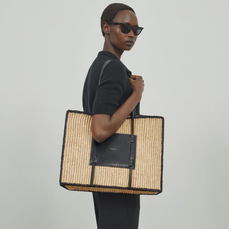 DeMellier The Large Capri warm raffia tan smooth ecru stitching