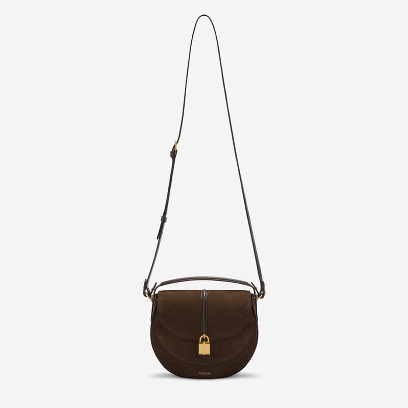 DeMellier The Siena Saddle mocha suede & mocha small grain