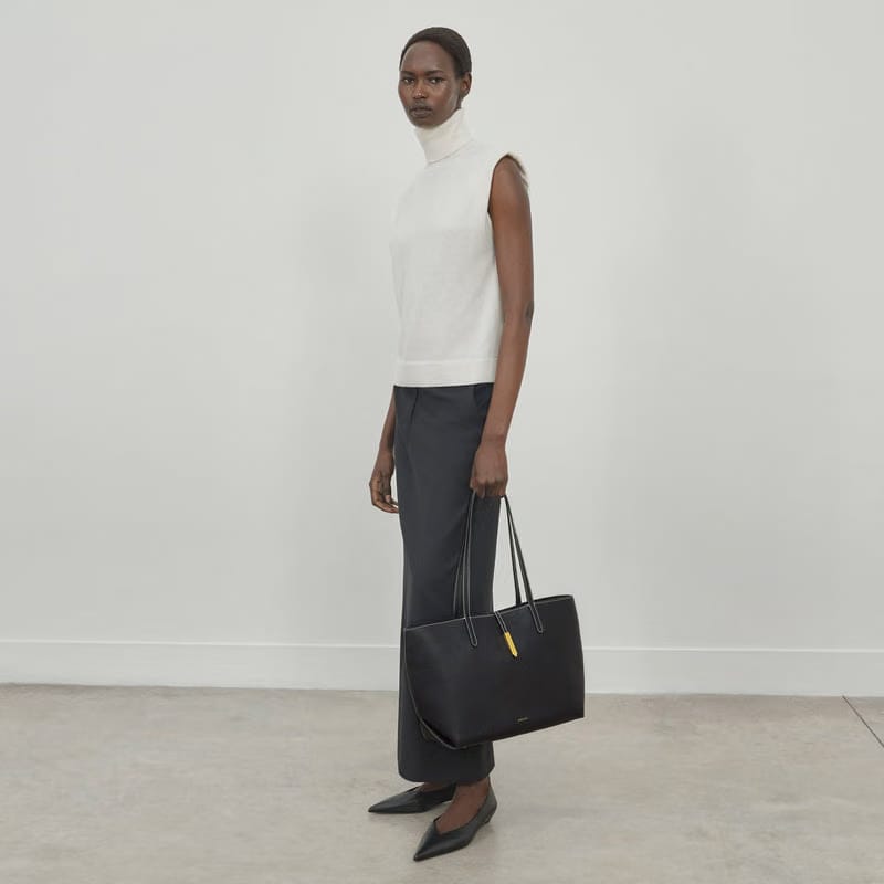 DeMellier The Tokyo Tote black small grain ecru stitching