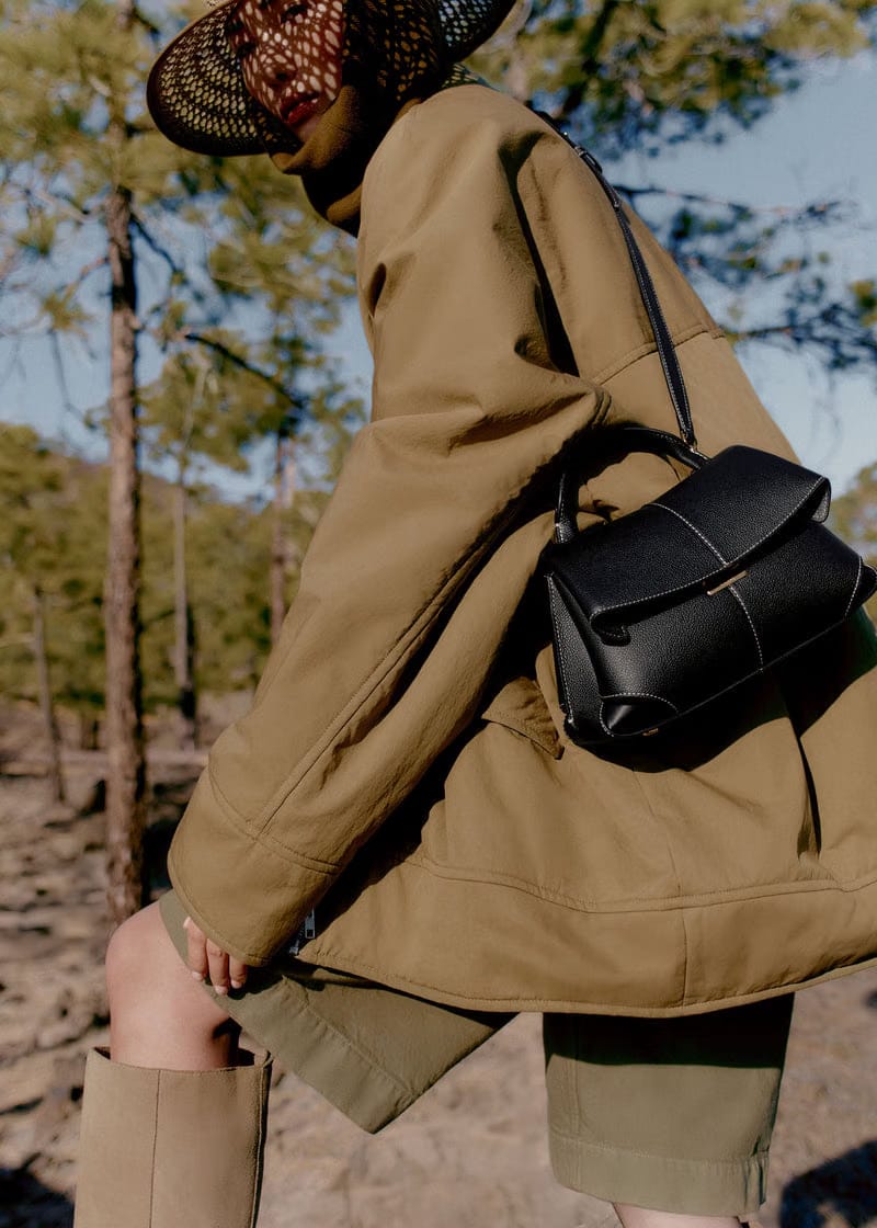 Polene Mokki Mini Textured Black with Ecru Stitching