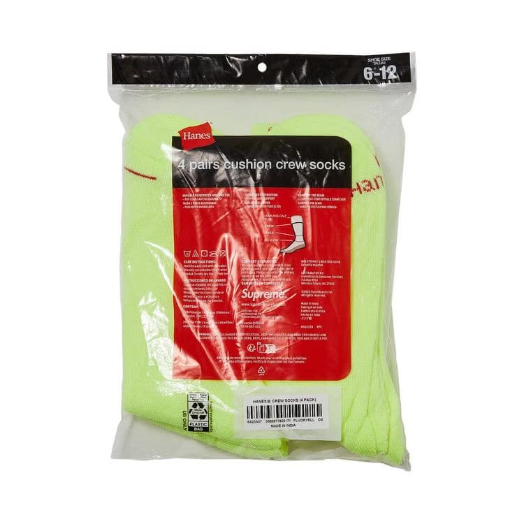 Supreme x Hanes Crew Socks (4 Pack) Fluorescent Yellow