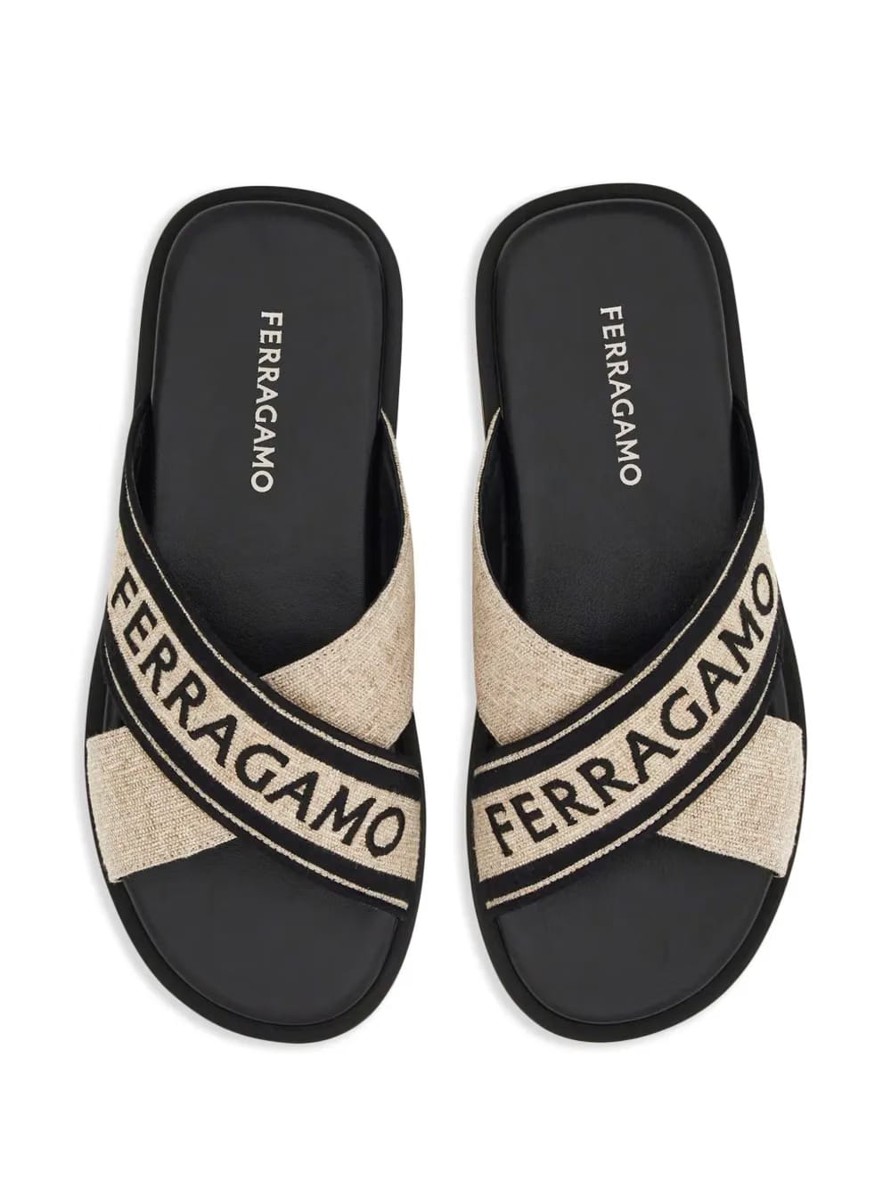 Ferragamo crossover-strap cotton sandals light beige/black