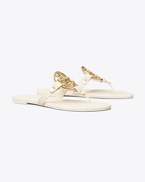 TORY BURCH Metal Miller Soft T-Strap Sandals new cream gold leather