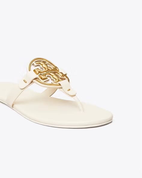 TORY BURCH Metal Miller Soft T-Strap Sandals new cream gold leather
