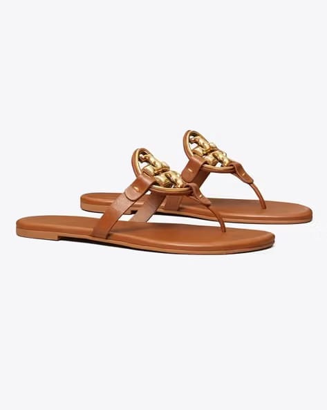 TORY BURCH Metal Miller Soft T-strap Sandals brown leather