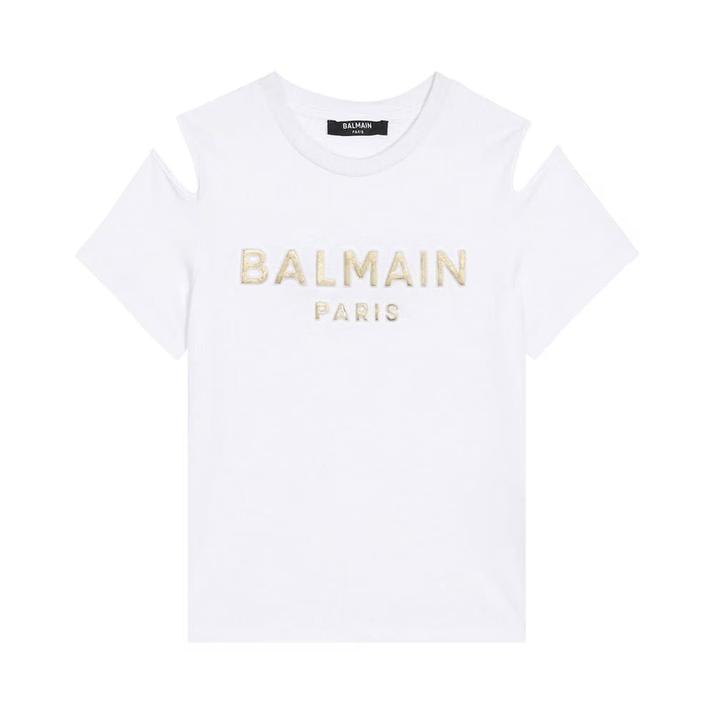 Balmain Kids Logo Printed Cold Shoulder T-Shirt White
