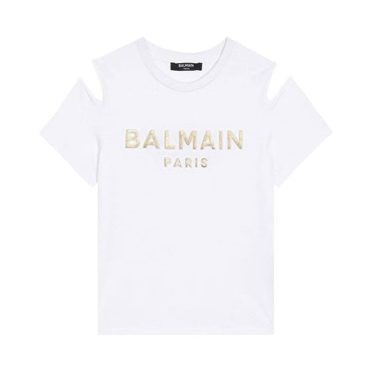 Balmain Kids Logo Printed Cold Shoulder T-Shirt White