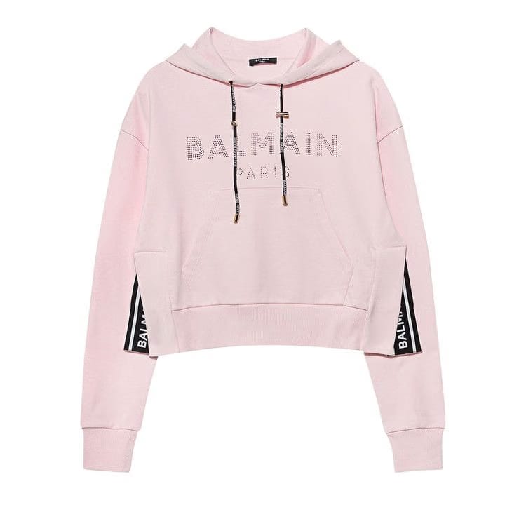 Balmain Rhinestone Logo Hoodie Pink