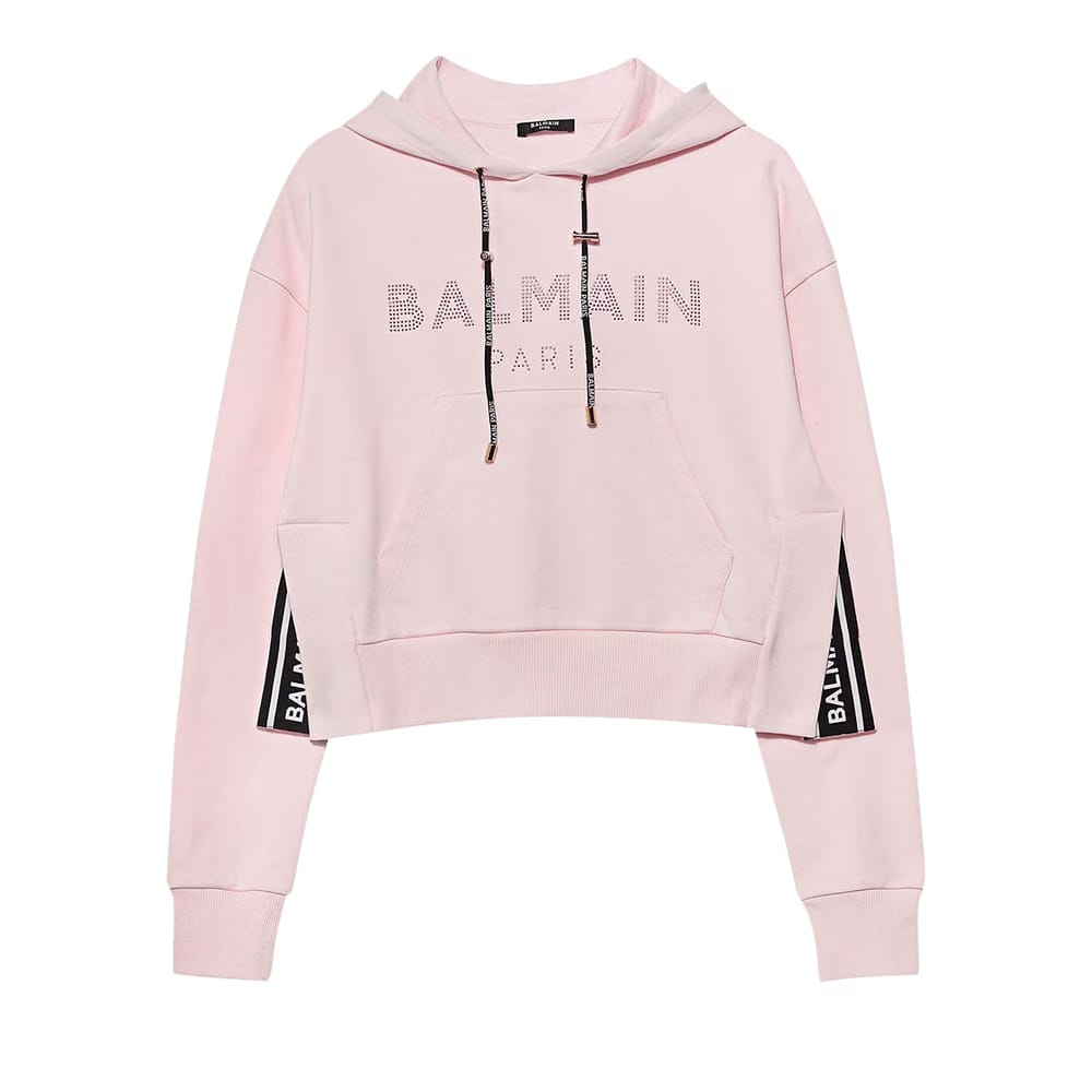 Balmain Rhinestone Logo Hoodie Pink
