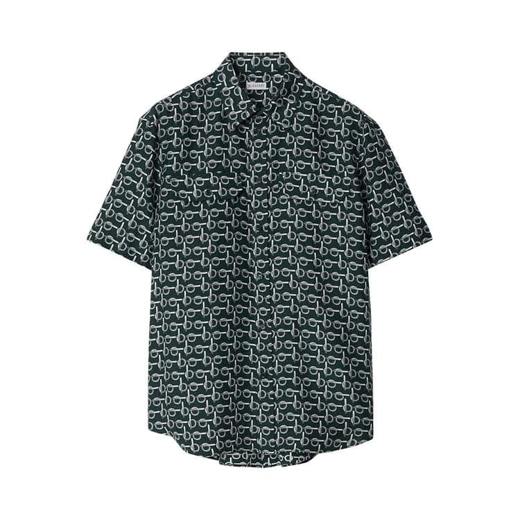 Burberry All Over Print Shorts-Sleeve Shirt Silver/Green