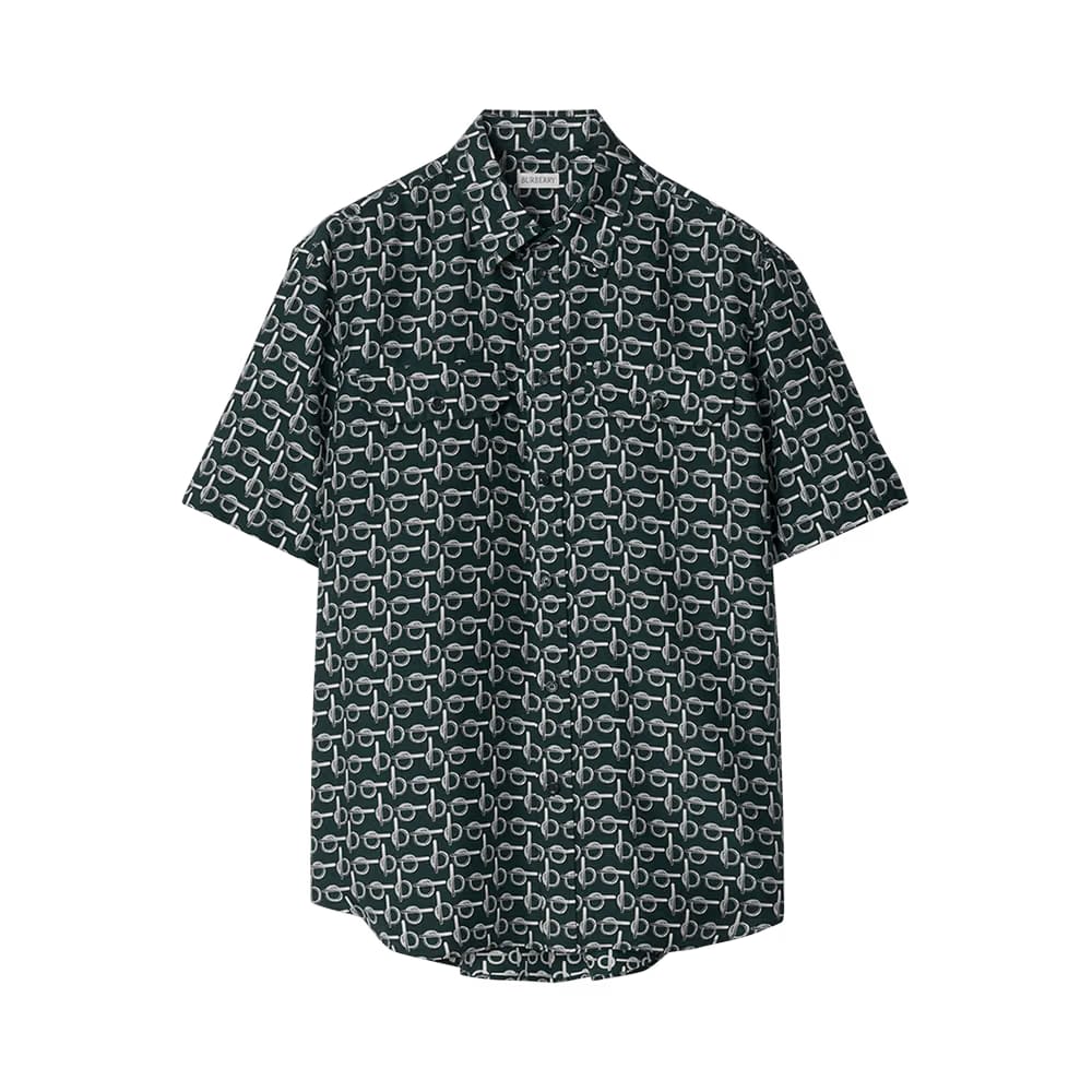 Burberry All Over Print Shorts-Sleeve Shirt Silver/Green