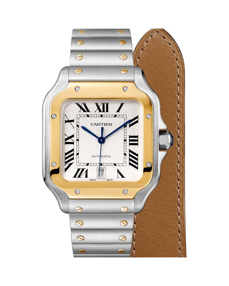 CARTIER SANTOS DE CARTIER, LARGE, AUTOMATIC, YELLOW GOLD AND STEEL, INTERCHANGEABLE METAL AND LEATHERS BRACELETS