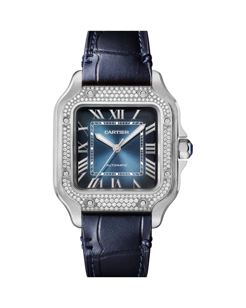 CARTIER SANTOS DE CARTIER, MEDIUM , AUTOMATIC , STEEL , DIAMONDS , INTERCHANGEABLE METAL , LEATHER BRACELETS