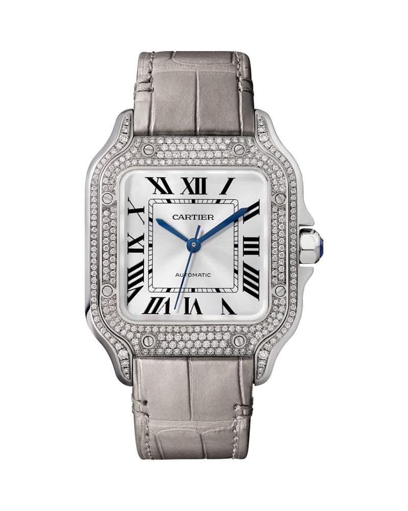 CARTIER SANTOS DE CARTIER, MEDIUM, AUTOMATIC, WHITE GOLD, DIAMONDS, TWO INTERCHANGEABLE LEATHER BRACELETS