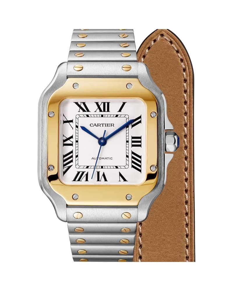 CARTIER SANTOS DE CARTIER, MEDIUM, AUTOMATIC, YELLOW GOLD AND STEEL, INTERCHANGEABLE METAL AND LEATHER BRACELETS