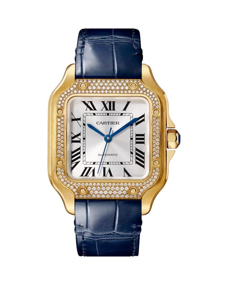 CARTIER SANTOS DE CARTIER, MEDIUM, AUTOMATIC, YELLOW GOLD, DIAMONDS, TWO INTERCHANGEABLE LEATHER BRACELETS