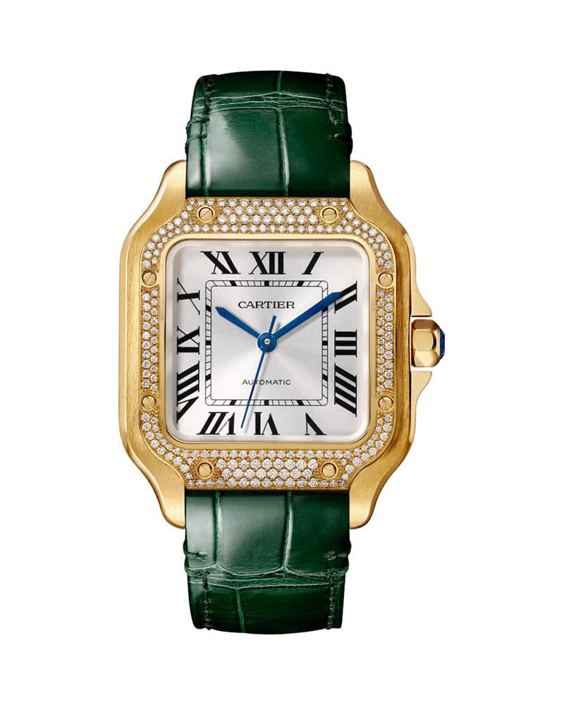 CARTIER SANTOS DE CARTIER, MEDIUM, AUTOMATIC, YELLOW GOLD, DIAMONDS, TWO INTERCHANGEABLE LEATHER BRACELETS