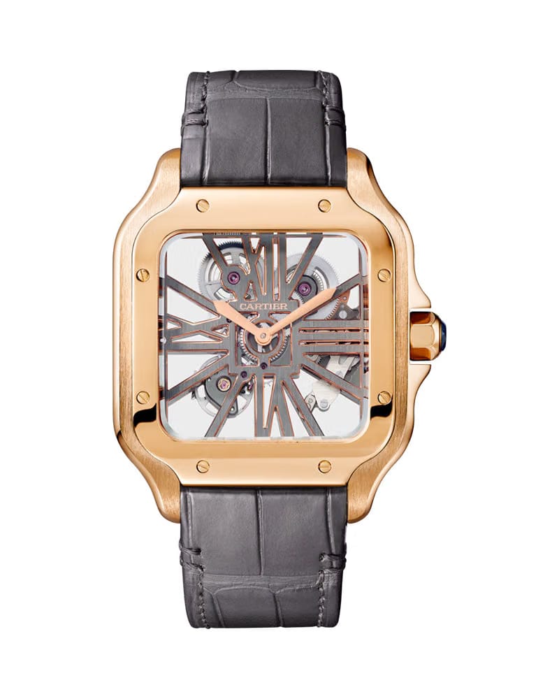 CARTIER SANTOS DE CARTIER, SKELETON, LARGE, MANUAL, ROSE GOLD, INTERCHANGEABLE METAL AND LEATHER BRACELETS
