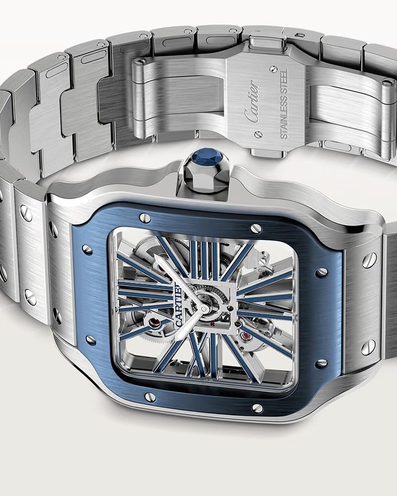 CARTIER SANTOS DE CARTIER, SKELETON, LARGE, MANUAL, STEEL, INTERCHANGEABLE METAL AND RUBBER BRACELETS